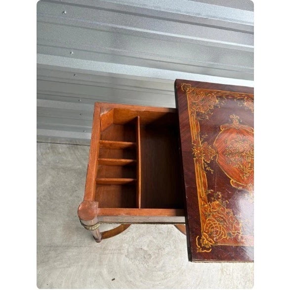 19th-Century French Louis XVI-Style Marquetry Game Table With Brass Ormolu Trim For Sale - Image 4 of 12