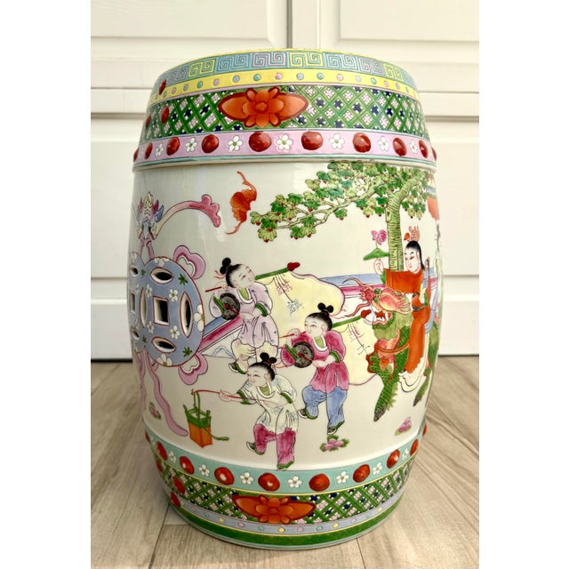Mid-20th C. Chinese Famille Verte Hand-Painted Ceramic Garden Stool/Side Table For Sale - Image 9 of 13
