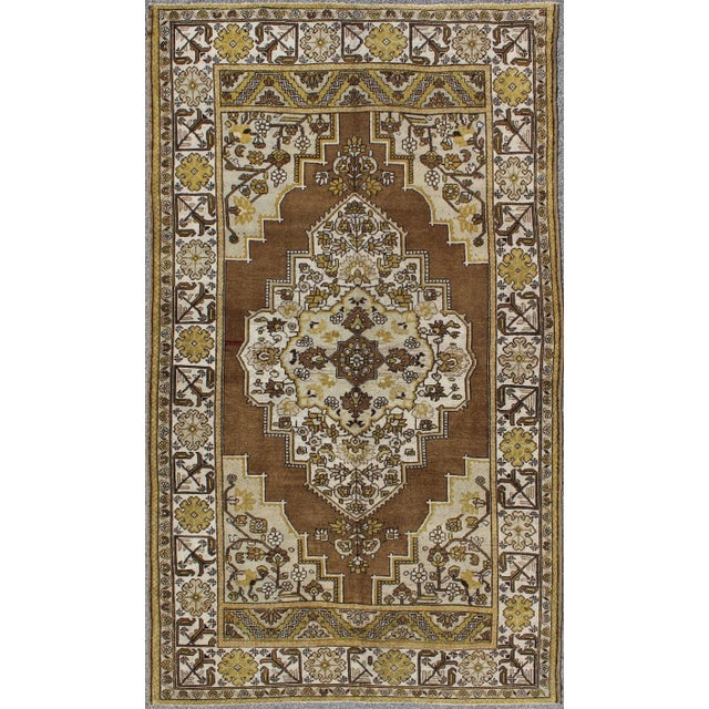 Mid 20th Century Mocha Brown, Chartreuse Vintage Turkish Oushak Rug With Ornate Floral Medallion For Sale - Image 9 of 9