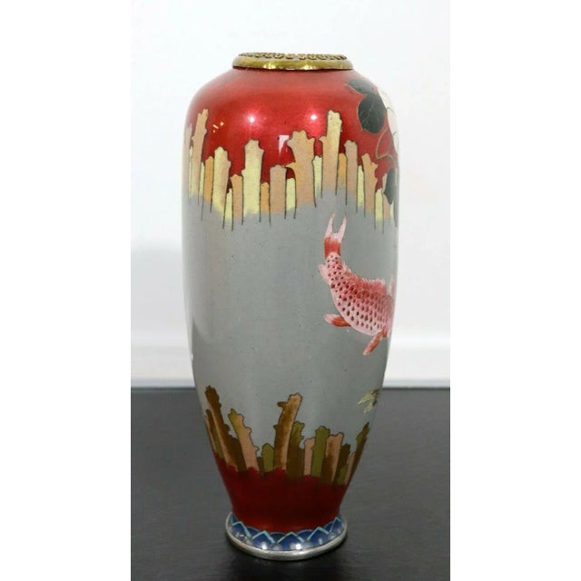 Vintage Signed Red and Gray Enameled Cloisonne Vase with Koi Fish For Sale In Detroit - Image 6 of 9