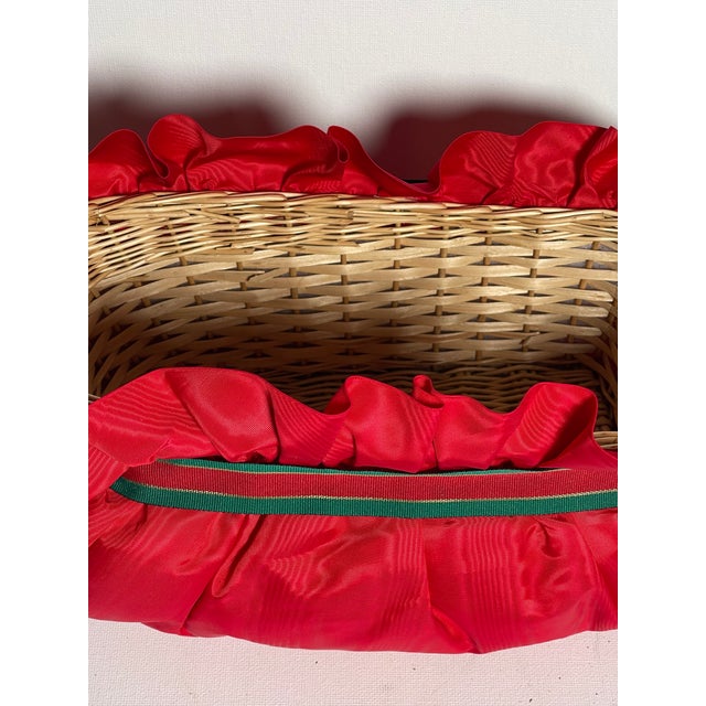 Vintage Holiday red taffeta silk wicker vine boat for table decor.