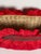 Vintage Holiday red taffeta silk wicker vine boat for table decor.
