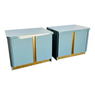 Italian Postmodern Baby Blue Lacquered Nightstands With Gold Accents - a Pair For Sale