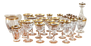 Crystal and 24 Karat Gold Lady Hamilton Glasses, Champagne Flutes, Tumblers and Water Jug from Moser, 1990s, Set of 25