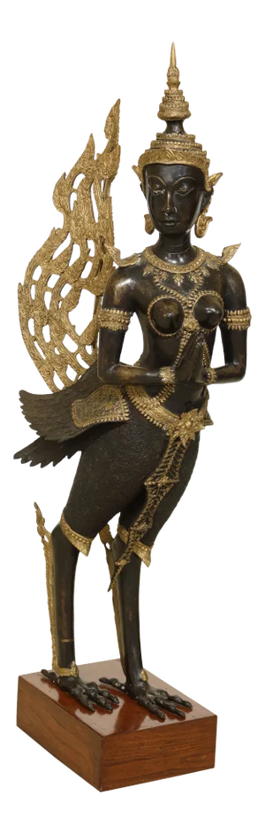 Bronze Water Goddess or Tibetan Statue on Wood Base