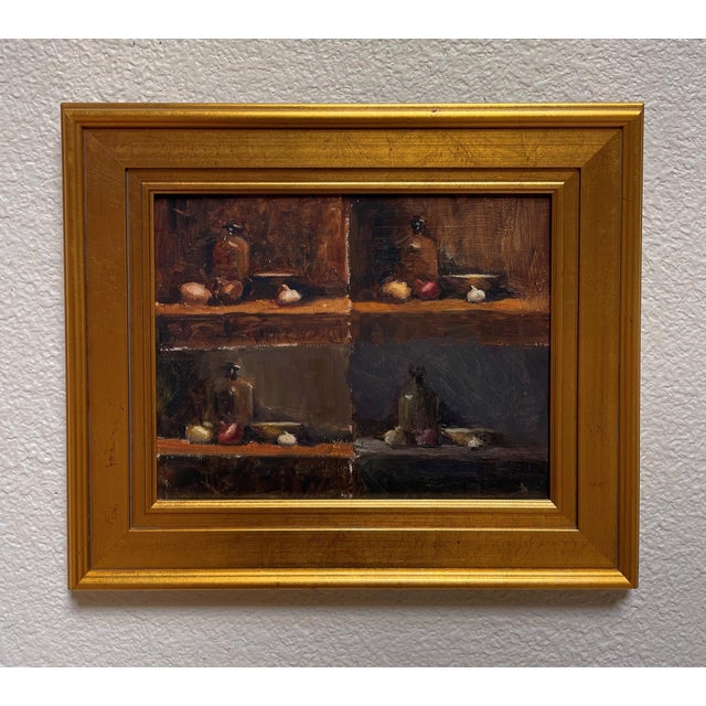 This artwork presents a series of still life compositions, featuring a harmonious arrangement of bottles, fruits, and...