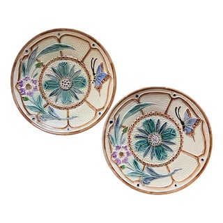 Majolica Flowers and Butterfly Plates from Wasmuel, 1890s, Set of 2 For Sale