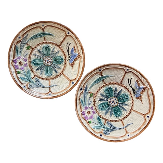 Majolica Flowers and Butterfly Plates from Wasmuel, 1890s, Set of 2 For Sale