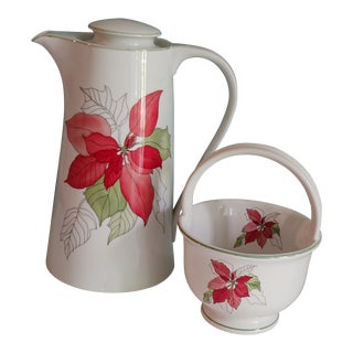 Vintage Christmas Holiday Ceramic "Poinsettia" Coffeepot and Candy Basket by Block, Portugal 1982 For Sale