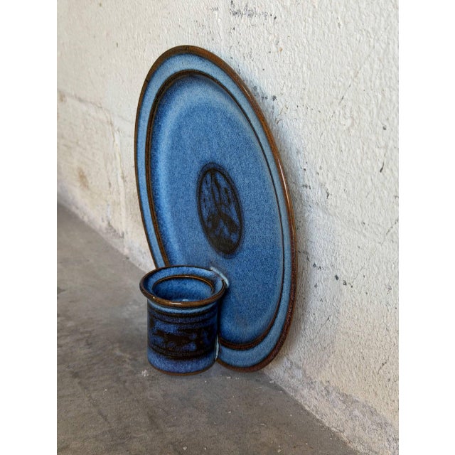 Ceramic Aksel Krog Ceramic Wall Plaque Candle Holder Speckled Blue Stoneware Denmark 1960s For Sale - Image 7 of 9