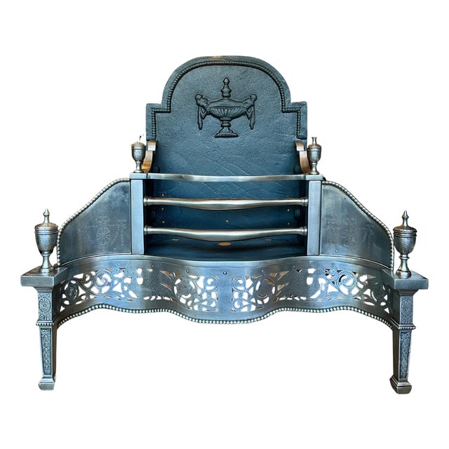 Antique English Georgian Polished Steel Dog Fire Grate, 1850s For Sale