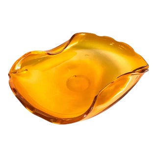 Vintage 1960s Orange Art Glass Dish Mid Century Modern Decorative Bowl Cigar Ashtray For Sale