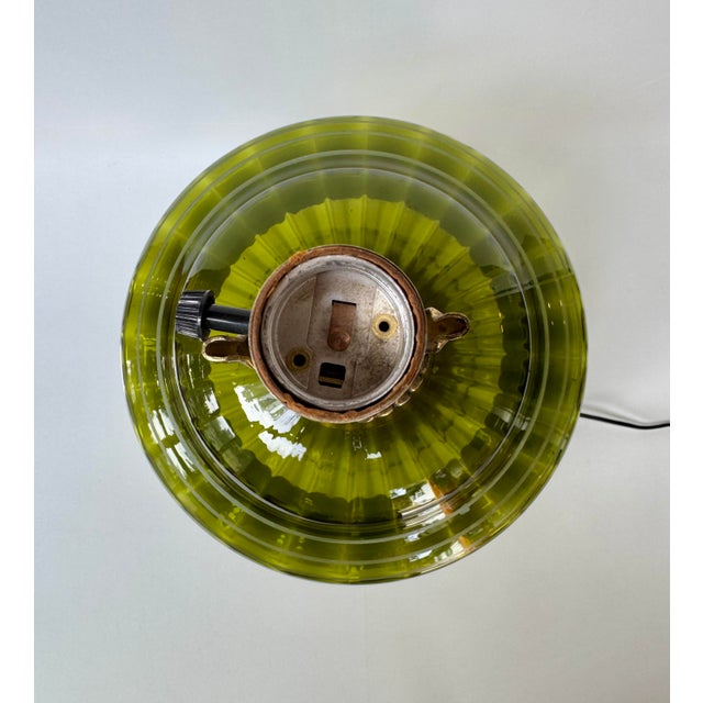 Metal Vintage 1973 e.k. Olive Green Floral Glass Lighted Table Lamp For Sale - Image 7 of 16