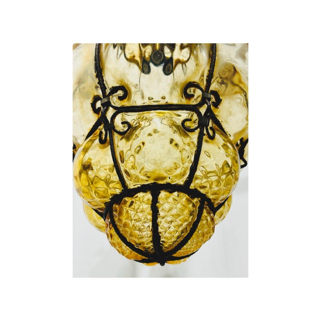 Metal Vintage Mid Century Era Murano Caged Glass Pendant Lantern Attributed to Seguso, Amber Glass For Sale - Image 7 of 9