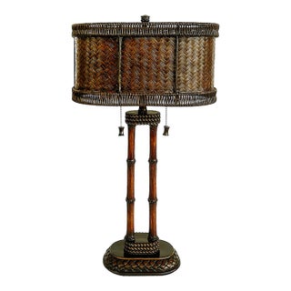Faux Bamboo Table Lamp With Woven Rattan, Reed Shade For Sale