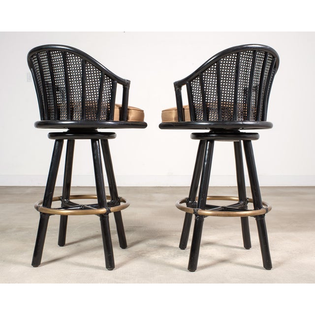 Pair of McGuire Lacquered Rattan Cane Swivel Barstools For Sale - Image 16 of 18