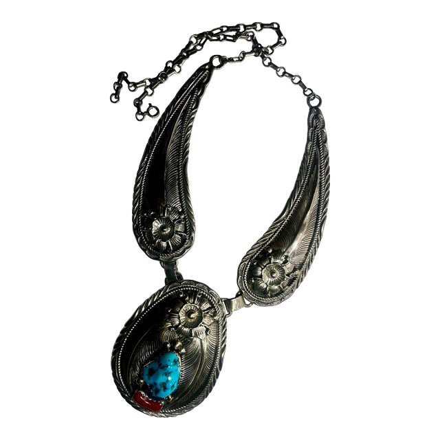 Monumental Navajo Sterling, Silver, Turquoise and Coral Charles Johnson Necklace For Sale