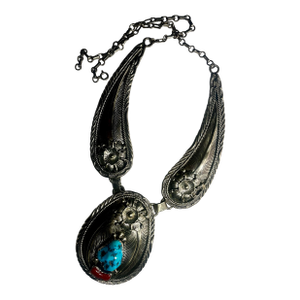 Monumental Navajo Sterling, Silver, Turquoise and Coral Charles Johnson Necklace