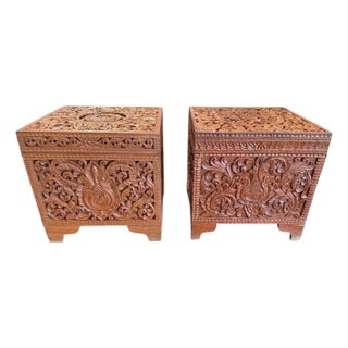 Pair of Vintage Anglo-Indian Hand-Carved Teak Side Tables / Storage Chests For Sale