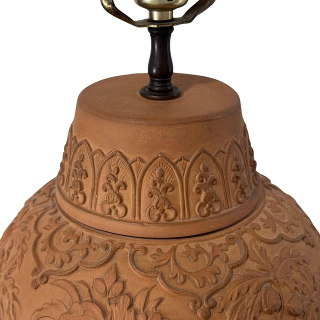 Vintage 1970's Chapman Chinoiserie Relief-Carved Terracotta Lamp W/ Original Shade For Sale In Los Angeles - Image 6 of 12
