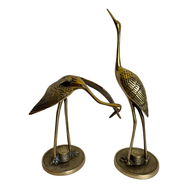 Mid-Century Chinoiserie Brass Crane Figurines on Round Bases - Pair For Sale