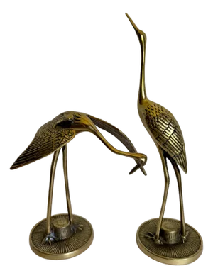 Mid-Century Chinoiserie Brass Crane Figurines on Round Bases - Pair