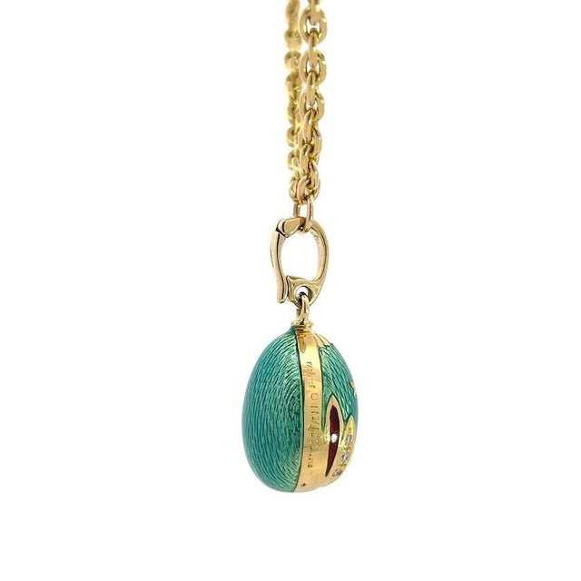 Late 20th Century Faberge Diamond Egg Pendant Necklace 18k Yellow Gold Guilloche Enamel For Sale - Image 5 of 8