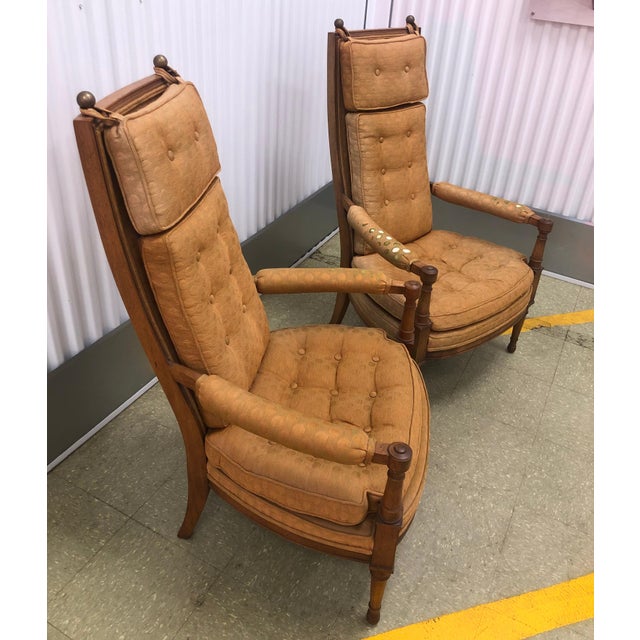 A striking, regal pair of vintage high-back lounge chairs from the highly collectible "Barcelona" collection by Morganton...