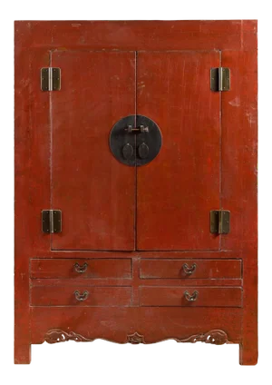 Chinese 19th Century Qing Dynasty Red Lacquer Cabinet with Medallion Hardware