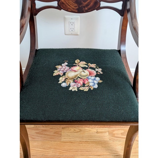 Chestnut Set of 4 Duncan Phyfe / Regency-Revival Mahogany Dining Chairs, C. 1940s–60s — One Armchair, Needlepoint Seats For Sale - Image 8 of 12