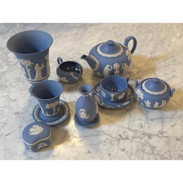 Wedgwood Blue + White Jasperware Mayflower, Set of Nine