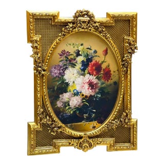 French Rococo Floral Wall Art – Ornate Gold Leaf Frame With Elegant Flower Painting For Sale