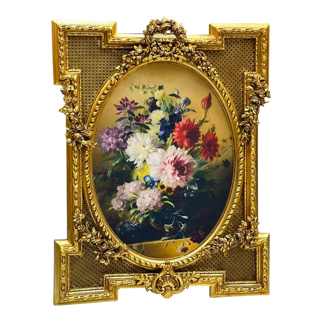 French Rococo Floral Wall Art – Ornate Gold Leaf Frame With Elegant Flower Painting For Sale