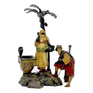 Austrian Cold Painted Bronze Bedouin Maiden & Attendant at Well, Franz Bergman For Sale
