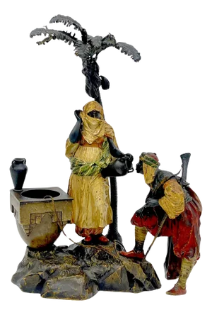 Austrian Cold Painted Bronze Bedouin Maiden & Attendant at Well, Franz Bergman