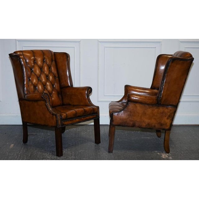 Set of Chesterfield Wingback Armchairs in Hand Dyed Brown Leather, 1960s For Sale - Image 14 of 18