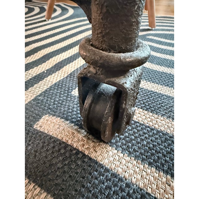 Metal Vintage Restoration “Flatiron” Dining Table Reclaimed Elm Barn Wood Door & Iron Trestle/Casters For Sale - Image 7 of 12
