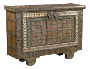 Vintage Indian Painted Teakwood and Iron Pitara Chest, With Drawers Added