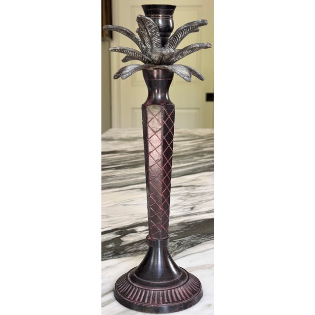 Hollywood Regency Maitland Smith Style Enameled Metal Palm Tree Candle Holder For Sale - Image 3 of 9