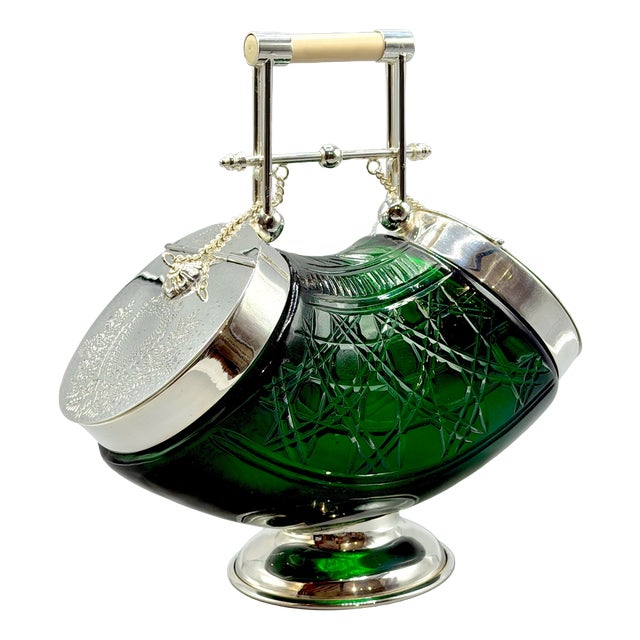 Emerald Green Cut Glass Biscuit Barrel from James Deakin & Sons, 1920 For Sale