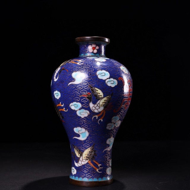 Vintage Chinese Cloisonné "Longevity Crane" Vase With Dragon Lacquer Box For Sale - Image 9 of 10