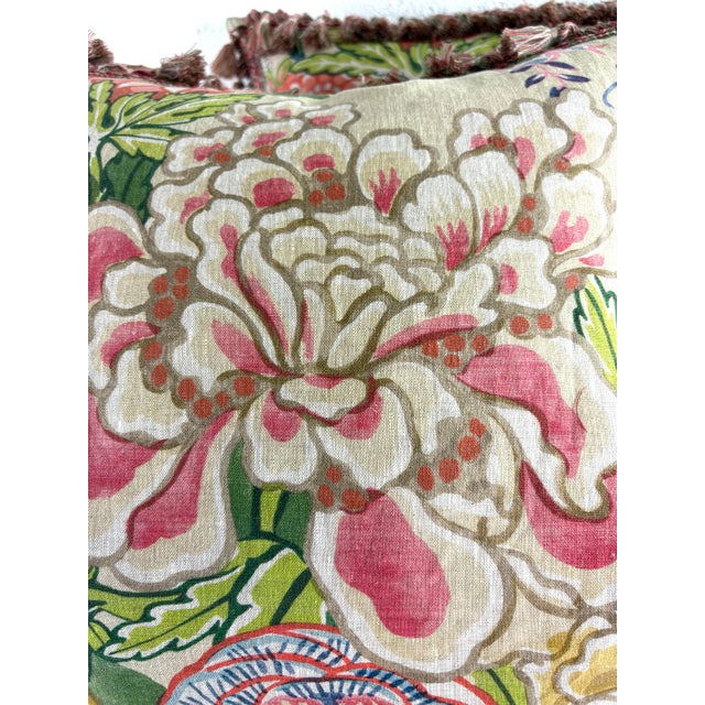 Textile Thibaut Peony Garden Hand Printed Tasseled Linen Pillows/a Pair For Sale - Image 7 of 10
