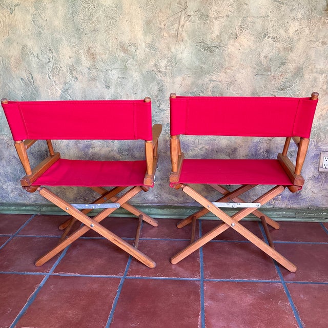Red Vintage Gold Medal Walnut Directors Chairs X-Base a Pair New Covers For Sale - Image 8 of 12