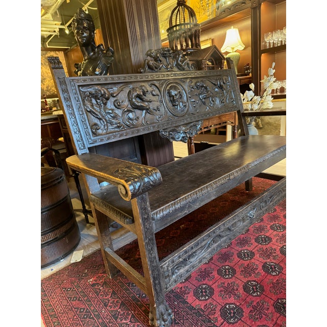 Traditional Antique Italian Renaissance Revival Carved Wood Bench With Figural Motifs & Paw Feet For Sale - Image 3 of 5