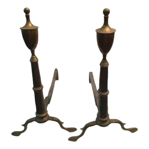 19thc American Classical Tall Brass Andiron Firedog Pair