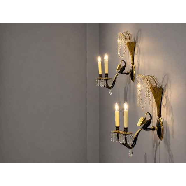 Hollywood Regency Style, Swan Wall Lights or Sconces, Gilt Metal, Crystal, France, 1930s Striking pair of Hollywood...