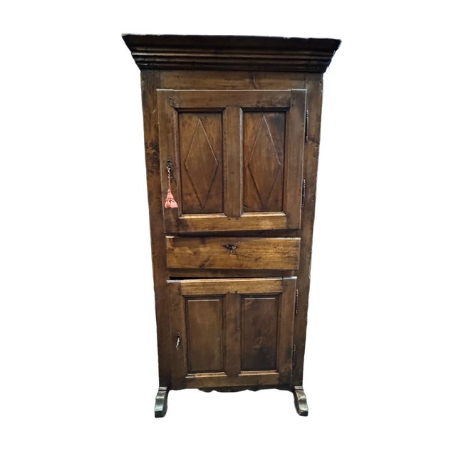 French Provincial Antique French Country Knotty Pine Bonnetière Armoire With Diamond Carvings, Late 18th Century For Sale - Image 3 of 11