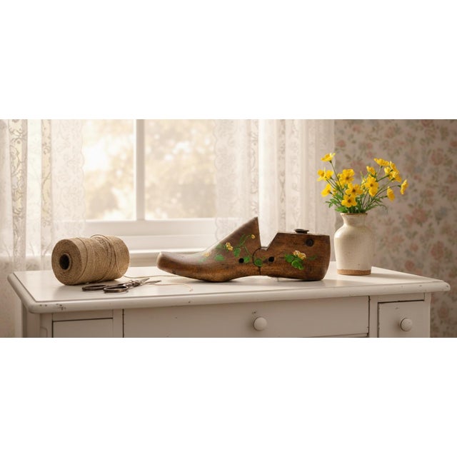 This is a vintage wooden shoe form (also called a shoe last or shoe tree) that has been repurposed as a decorative item....