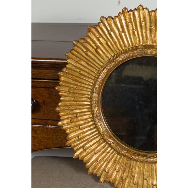 Gold French Midcentury Giltwood Sunburst Mirror with Radiating Rays and Carved Frame For Sale - Image 8 of 11