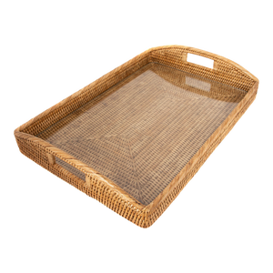 Artifacts Rattan Rectangular Tray with Glass Insert in Honey Brown - 21"